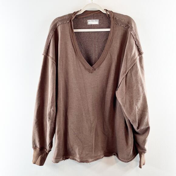 Free People Venice V-Neck Relaxed Fit Oversized Sweatshirt Brown Bear Small - Picture 3 of 4